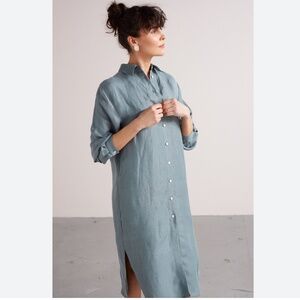 Mia Zia Shirt dress 100% Linen Lagenlook Oversized Covered buttons Blue Sz L